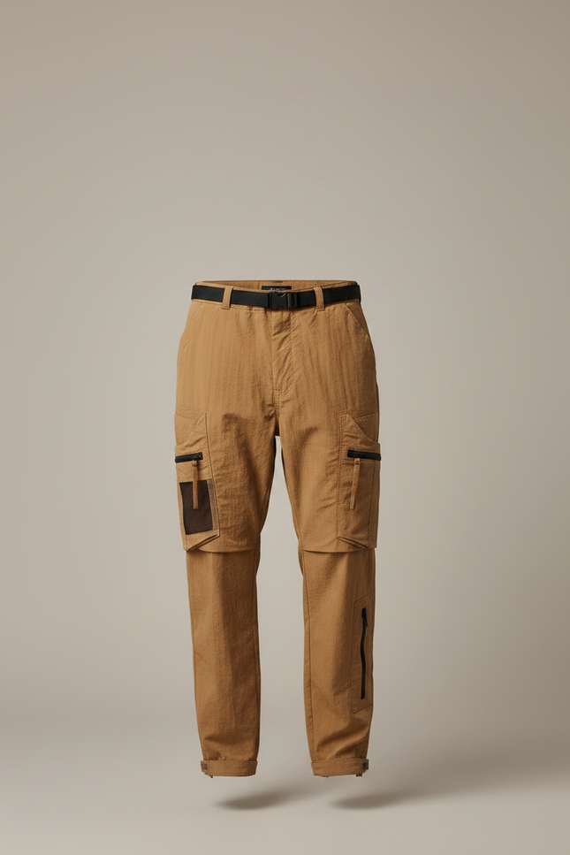Pantalon Parachute Marron Cargo Zippé Décontracté Homme - Camel Polyester - vue 3