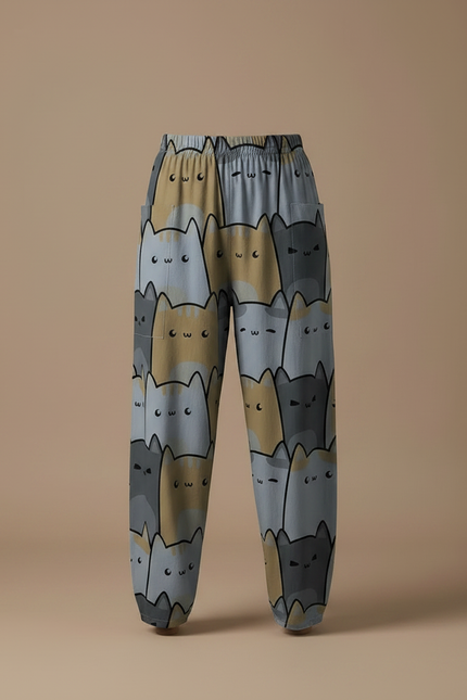 Pantalon Parachute Chats Ample Décontracté Poches Femme - Imprimé Viscose - vue 3