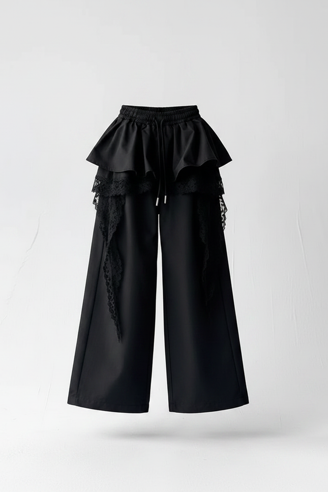Pantalon Parachute Noir Ample Dentelle Fille Urbain - Gabardine - vue 3