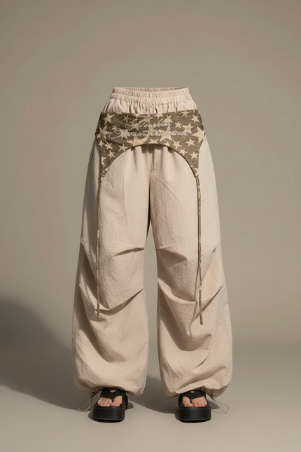 Pantalon Parachute Beige Ample Étoiles Vintage Y2K Femme - Polyester - vue 3