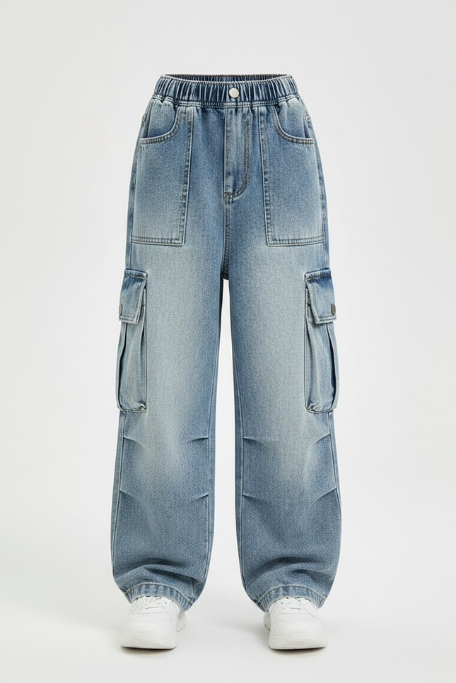 Pantalon Parachute Jean Ample Cargo Fille Décontracté - Bleu - vue 3