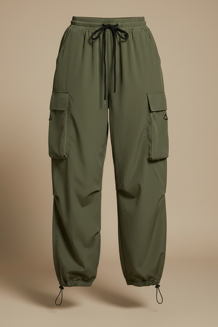 Pantalon Parachute Vert Ample Cargo Femme Cordon - Kaki Polyester - vue 3