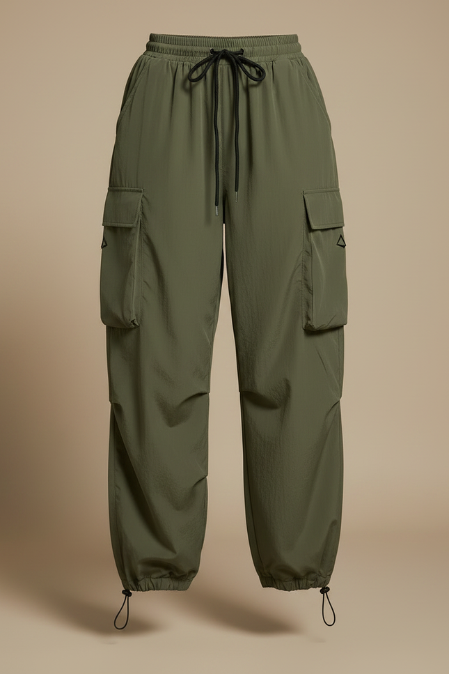 Pantalon Parachute Vert Ample Cargo Femme Cordon - Kaki Polyester - vue 3