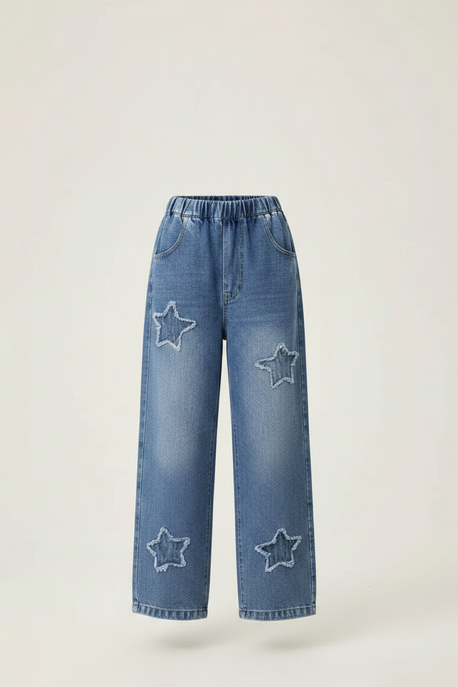 Pantalon Parachute Denim Ample Étoiles Fille Bleu Décontracté - Jean - vue 3