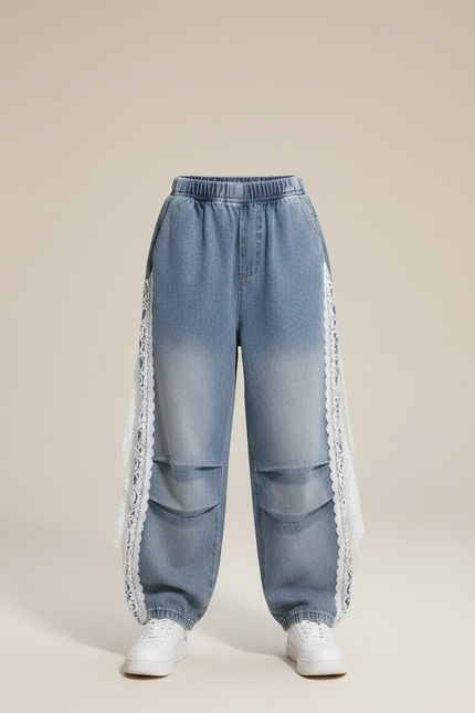 Pantalon Parachute Denim Bleu Ample Dentelle Fille - Jean - vue 3