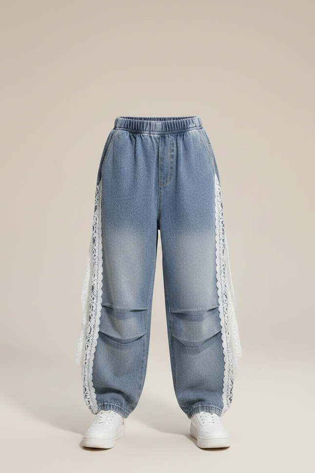 Pantalon Parachute Denim Bleu Ample Dentelle Fille - Jean - vue 3