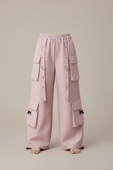 Pantalon Parachute Cargo Ample Rose Noir Fille - Polyester - vue 3