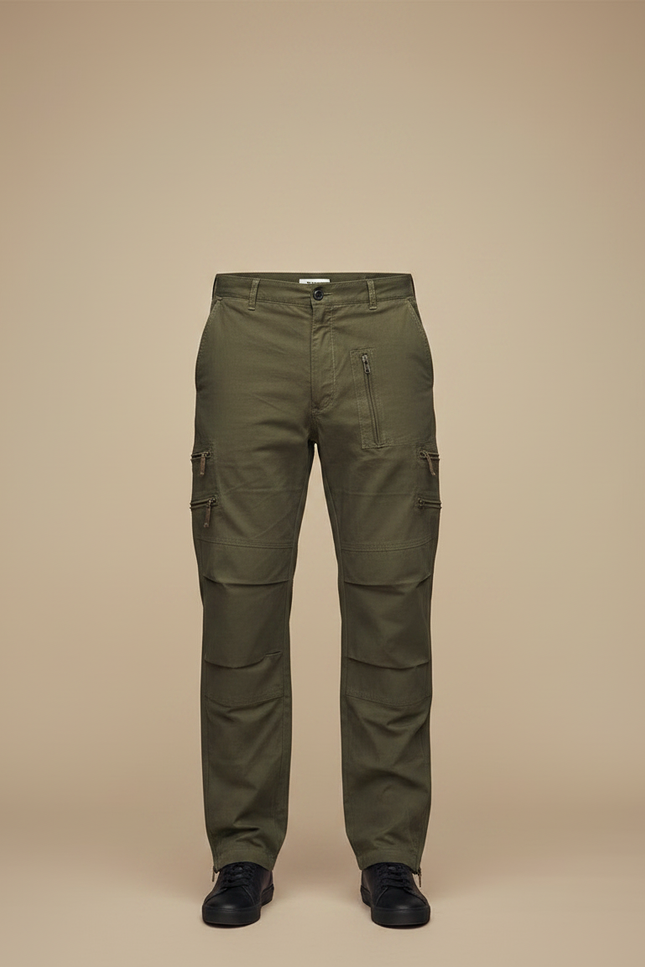 Pantalon Parachute Vert Militaire Cargo Zippé Homme - Kaki Toile - vue 3