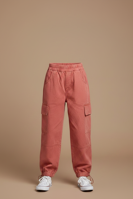 Pantalon Parachute Enfant Cargo Coton Rose Ample - vue 3