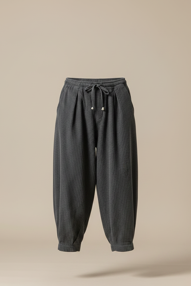 Pantalon Parachute Côtelé Gris Ample Homme Décontracté - Cordé - vue 3