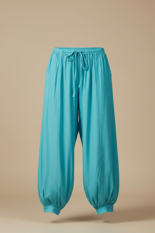 Pantalon Parachute Turquoise Ample Fluide Cordon Femme - Bleu Coton - vue 3