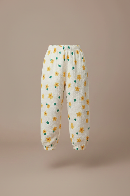 Pantalon Parachute Crème Fleuri Ample Enfant Léger - Blanc Coton - vue 3