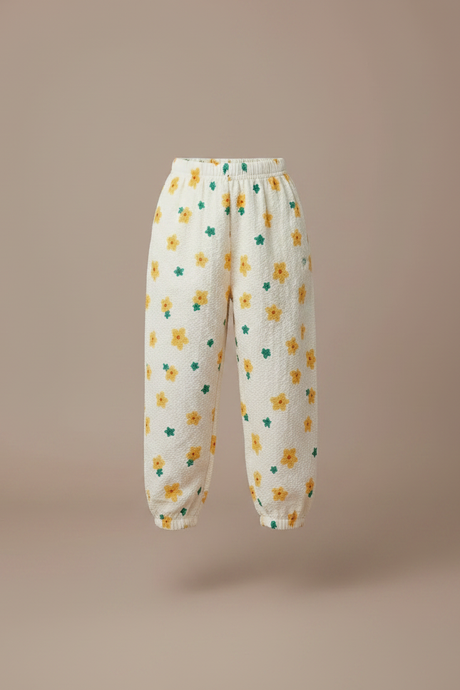 Pantalon Parachute Crème Fleuri Ample Enfant Léger - Blanc Coton - vue 3