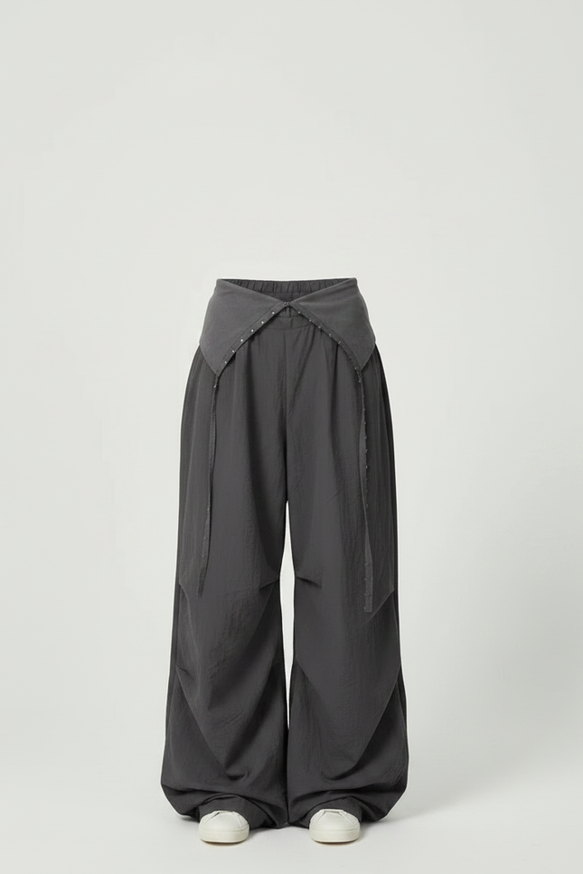 Pantalon Parachute Gris Ample Décontracté Plissé Taille Basse - Polyester - vue 3