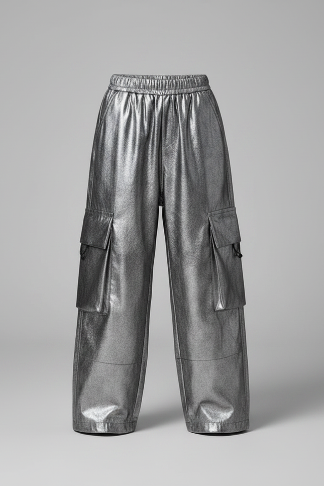Pantalon Parachute Métallisé Argenté Cargo Ample Enfant - Simili cuir - vue 3