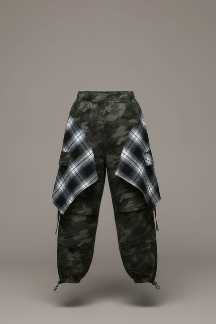 Pantalon Parachute Camouflage Ample Cargo Carreaux - Kaki Toile - vue 3