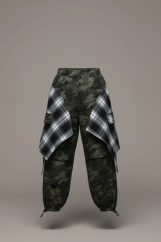 Pantalon Parachute Camouflage Ample Cargo Carreaux - Kaki Toile - vue 3