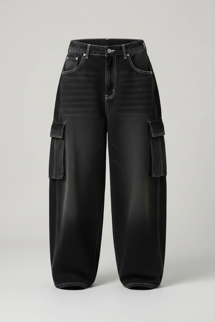 Pantalon Parachute Noir Délavé Ample Cargo Denim Femme - Jean - vue 3