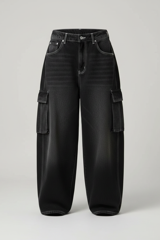 Pantalon Parachute Noir Délavé Ample Cargo Denim Femme - Jean - vue 3