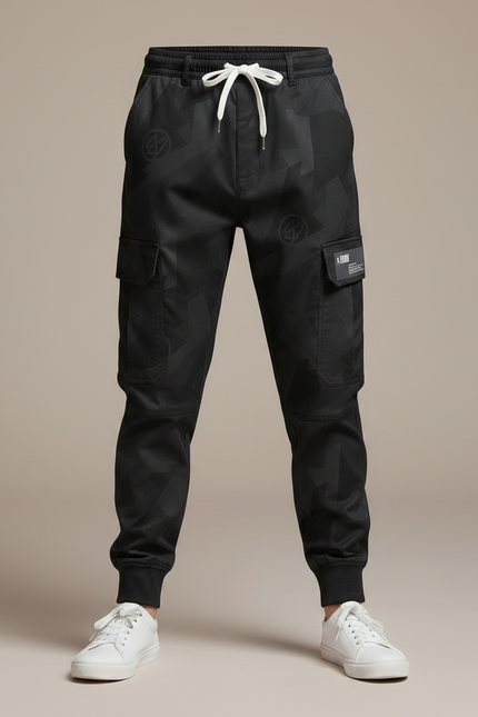 Pantalon Parachute Noir Cargo Imprimé Géométrique Cordon Enfant - Polyester - vue 3