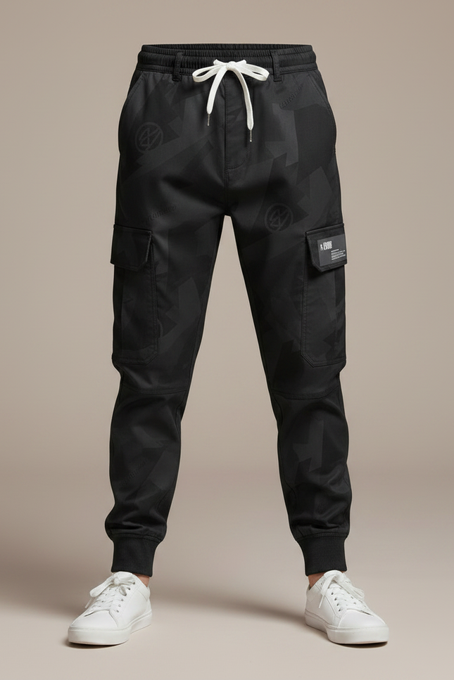 Pantalon Parachute Noir Cargo Imprimé Géométrique Cordon Enfant - Polyester - vue 3