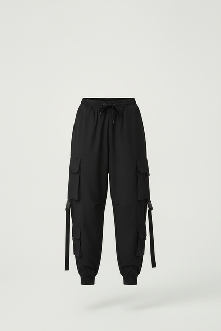 Pantalon Parachute Noir Cargo Ample Multipoches Femme - Polyester - vue 3