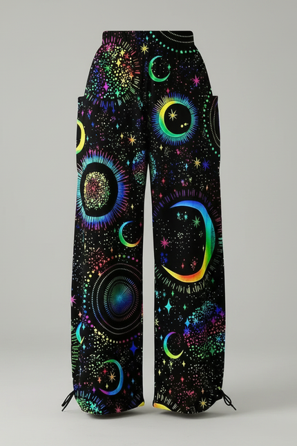 Pantalon Parachute Noir Ample Imprimé Lune Étoiles Femme - Polyester - vue 3