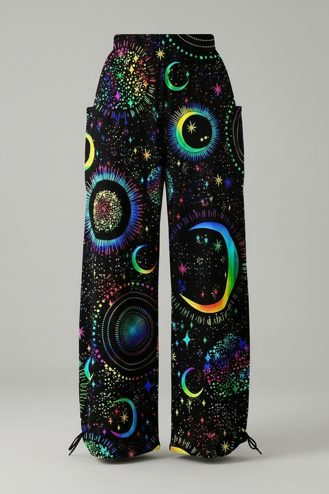 Pantalon Parachute Noir Ample Imprimé Lune Étoiles Femme - Polyester - vue 3