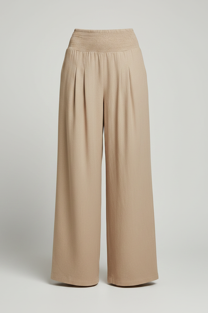 Pantalon Parachute Beige Ample Smocké Plissé Femme - Lin - vue 3