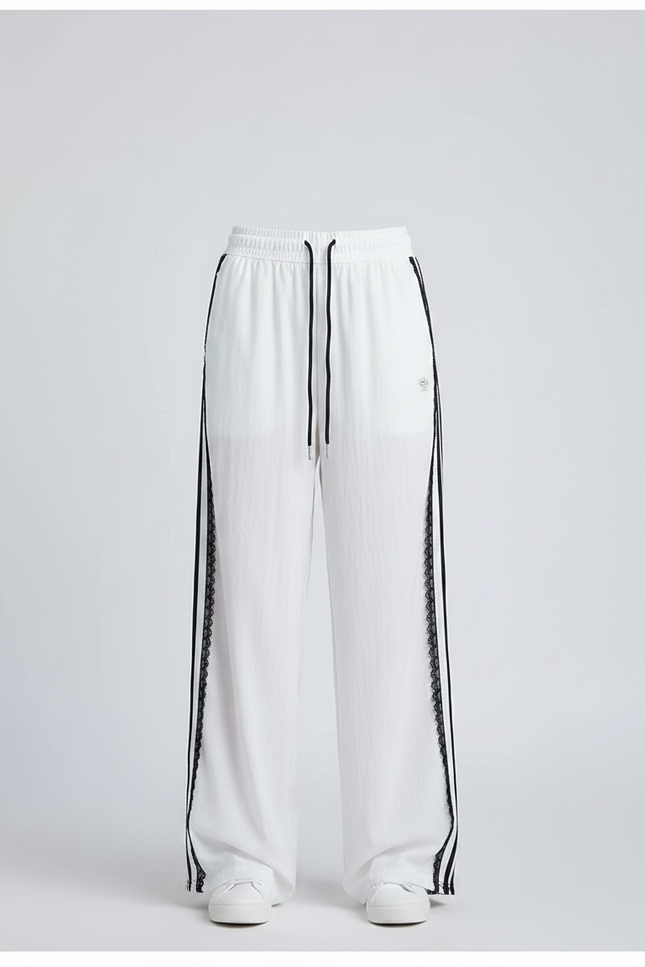 Pantalon Parachute Blanc Large Rayures Noires Fille - Polyester - vue 3
