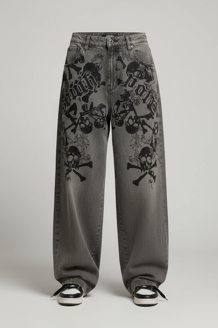 Pantalon Parachute Gris Imprimé Crânes Ample Streetwear - Jean - vue 3
