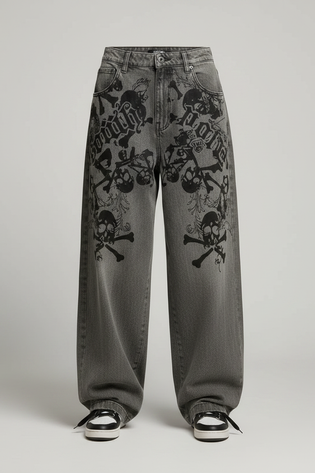 Pantalon Parachute Gris Imprimé Crânes Ample Streetwear - Jean - vue 3