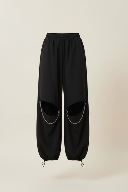 Pantalon Parachute Noir Ample Chaînes Découpes - Polyester - vue 3
