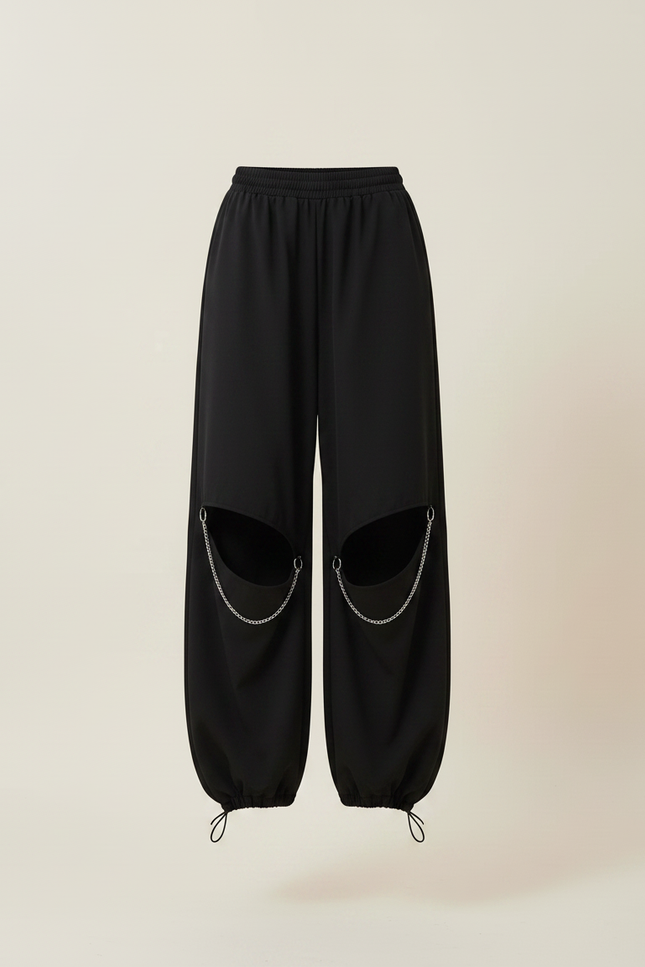 Pantalon Parachute Noir Ample Chaînes Découpes - Polyester - vue 3