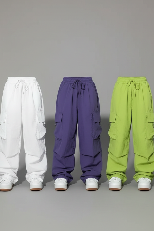 Pantalon Parachute Enfant Cargo Ample Streetwear - Violet Polyester - vue 3