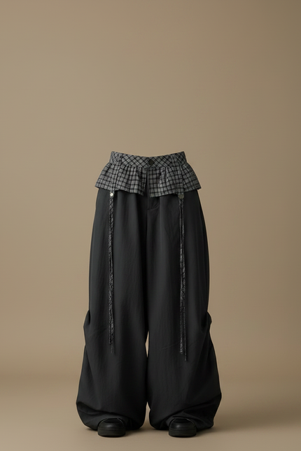 Pantalon Parachute Noir Ample Plissé Jupe Écossaise - Polyester - vue 3