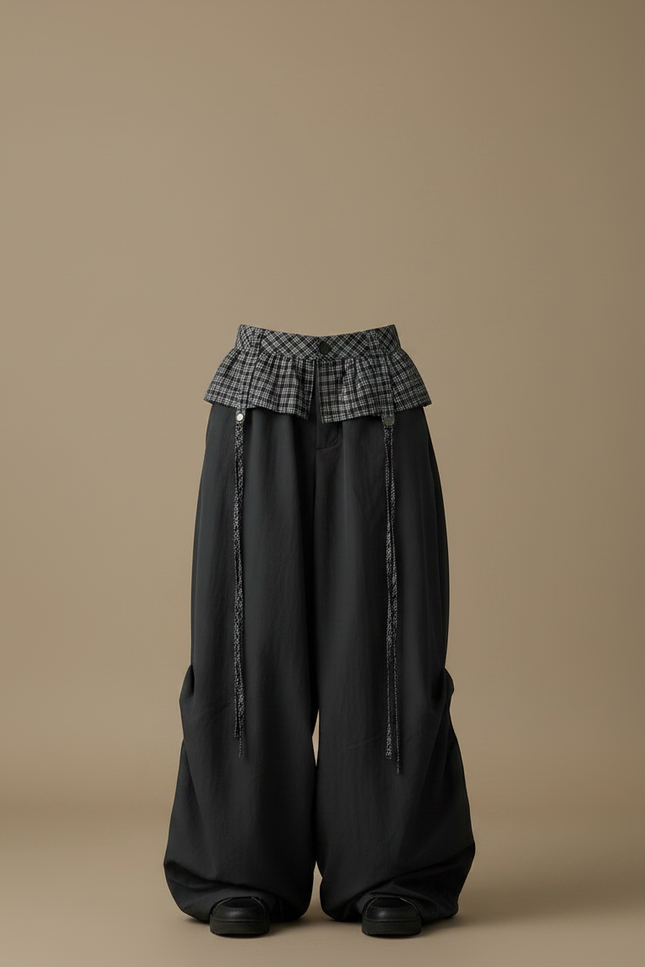 Pantalon Parachute Noir Ample Plissé Jupe Écossaise - Polyester - vue 3