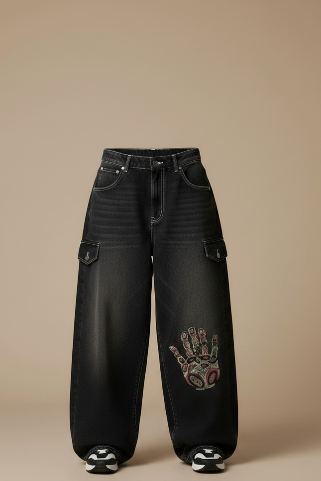 Pantalon Parachute Noir Délavé Ample Denim Imprimé Femme - Jean - vue 3