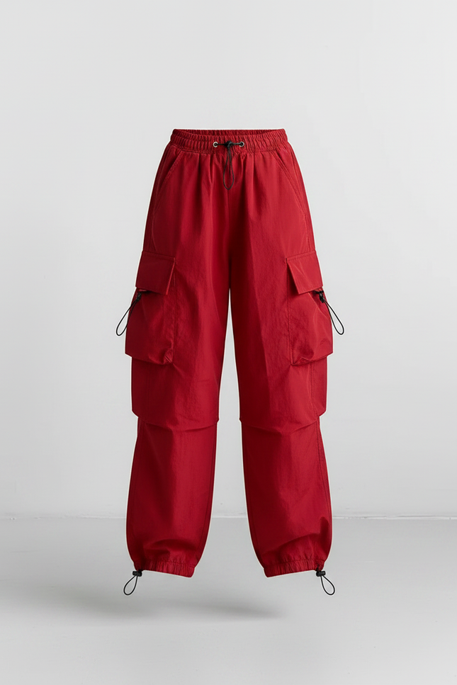 Pantalon Parachute Rouge Cargo Ample Fille Streetwear - Polyester - vue 3