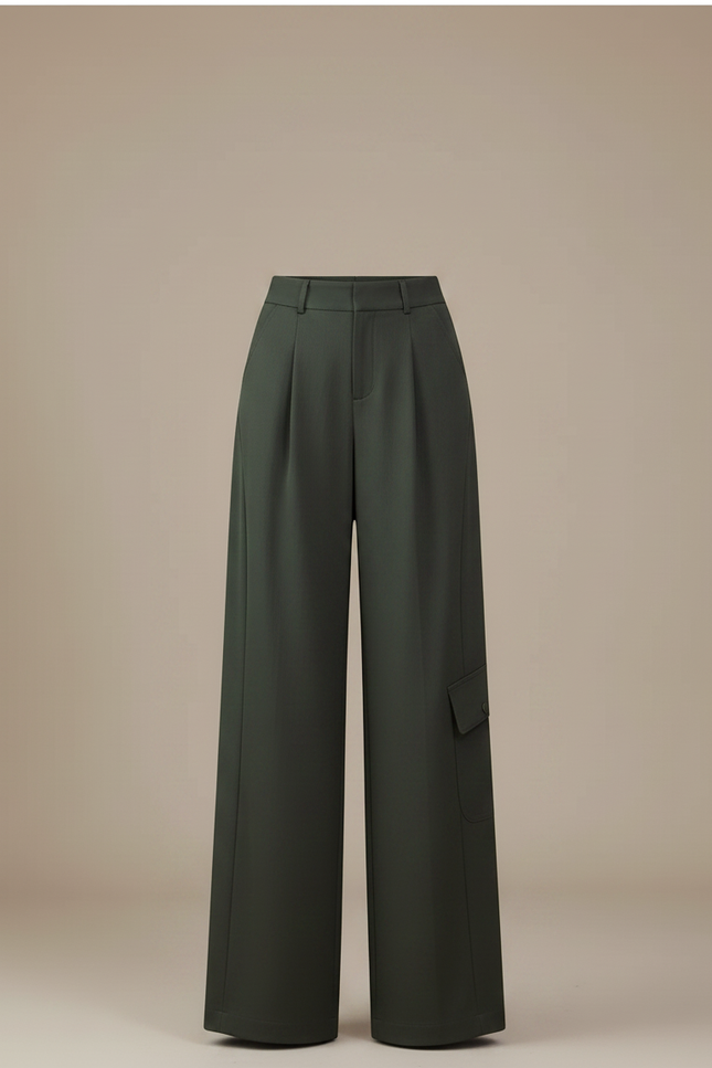 Pantalon Parachute Vert Militaire Ample Taille Haute - Kaki Gabardine - vue 3