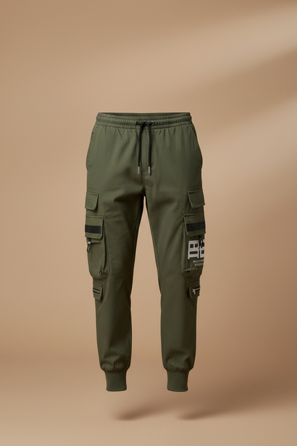 Pantalon Parachute Vert Kaki Cargo Imprimé Cordon Homme - Polyester - vue 3