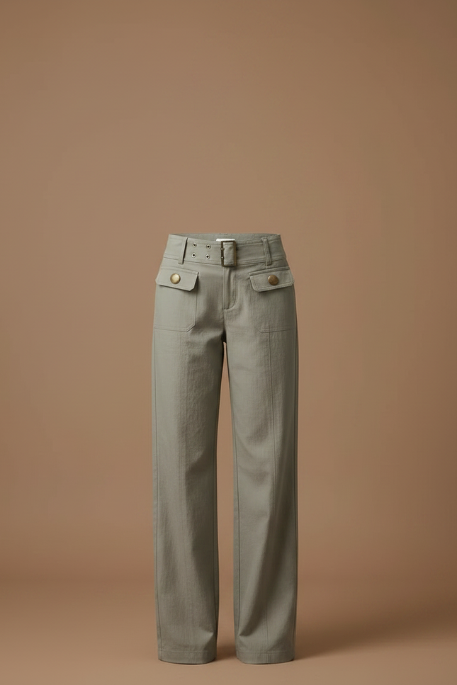 Pantalon Parachute Gris Ample Ceinture Poches Droites - Kaki Gabardine - vue 3