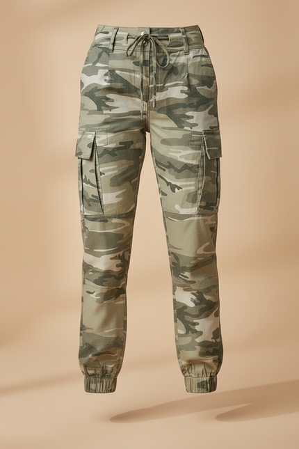 Pantalon Parachute Camouflage Cargo Slim Cordon Femme - Kaki Coton - vue 3