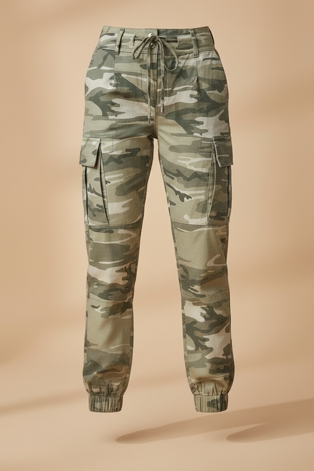 Pantalon Parachute Camouflage Cargo Slim Cordon Femme - Kaki Coton - vue 3
