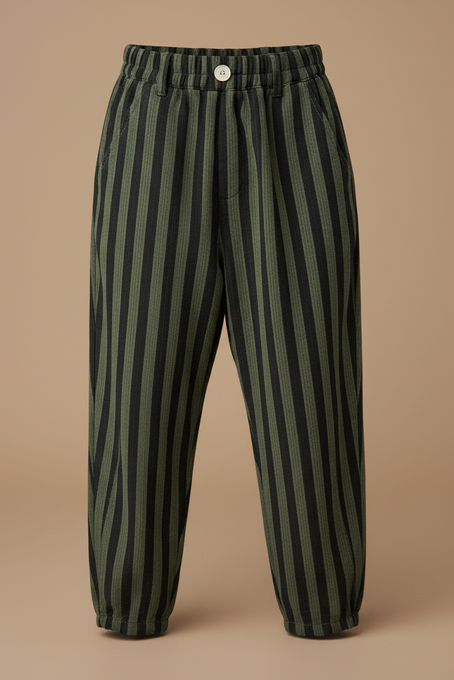 Pantalon Parachute Vert Rayé Ample Enfant Décontracté - Kaki Toile - vue 3