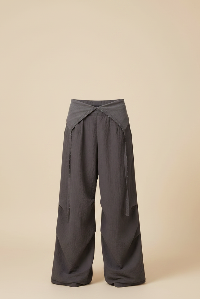 Pantalon Parachute Gris Ample Décontracté Plissé - Polyester - vue 3