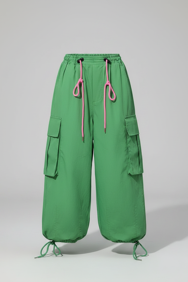 Pantalon Parachute Vert Ample Cargo Coréen Fille - Polyester - vue 3