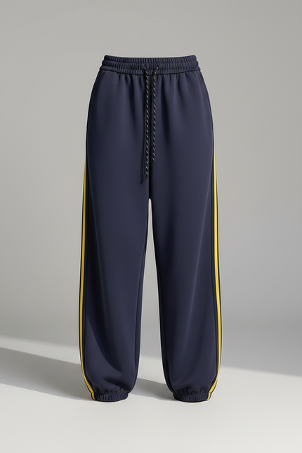 Pantalon Parachute Bleu Marine Ample Sportif Rayures Jaunes - Molleton - vue 3