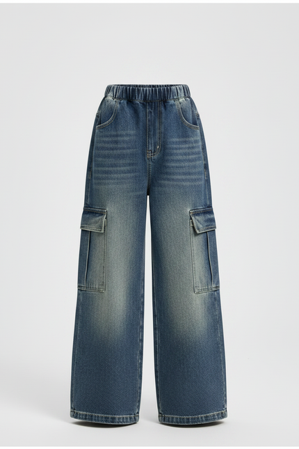 Pantalon Parachute Denim Ample Cargo Fille - Bleu Jean - vue 3