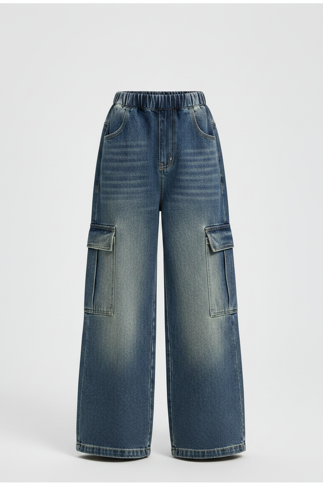 Pantalon Parachute Denim Ample Cargo Fille - Bleu Jean - vue 3